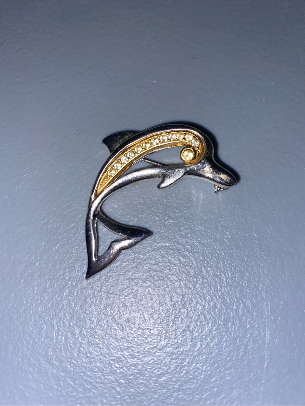 Silver and Gold Tone Dolphin Brooch with Rhinestones